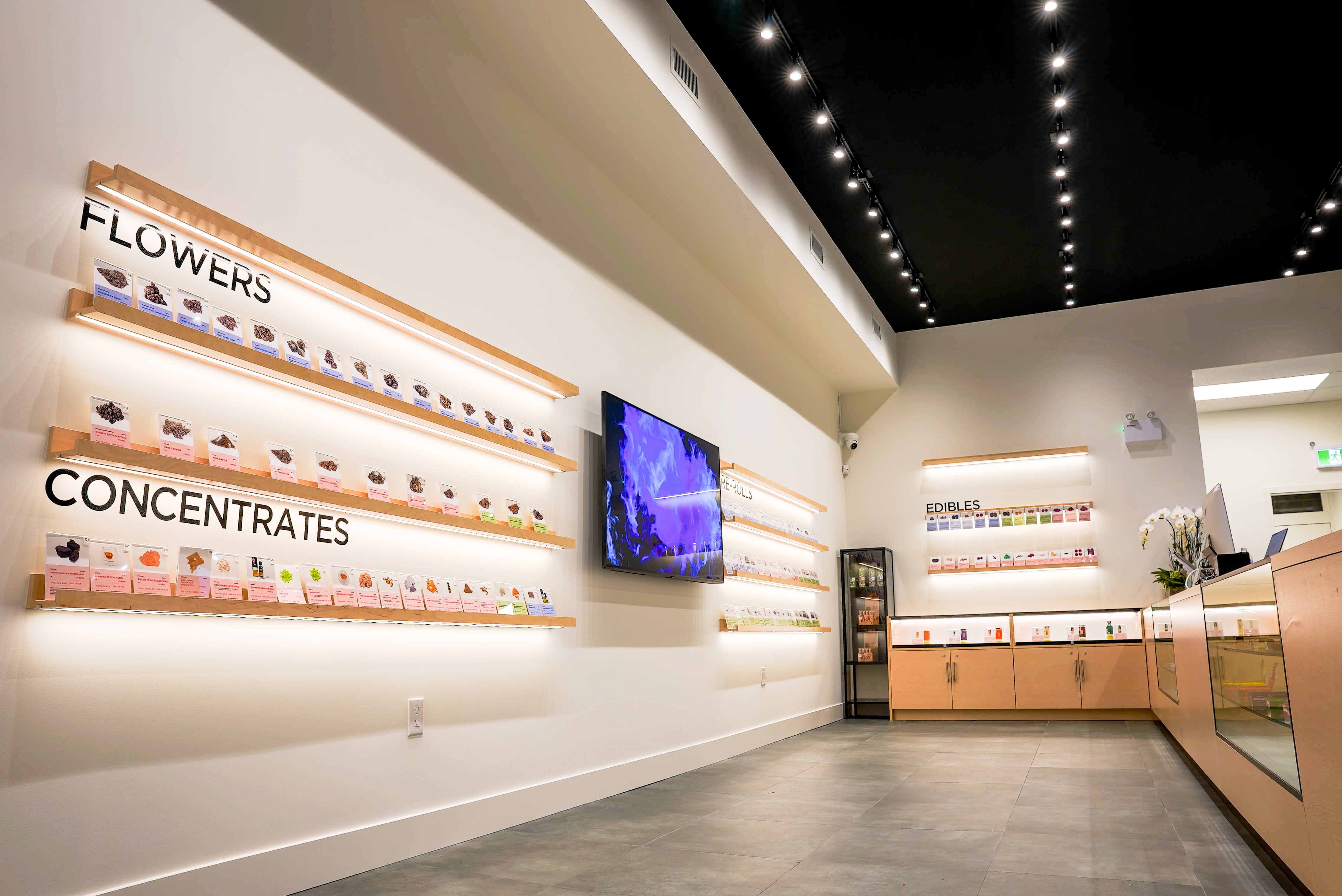 Flower and concentrate display wall inside Lift Cannabis Co.